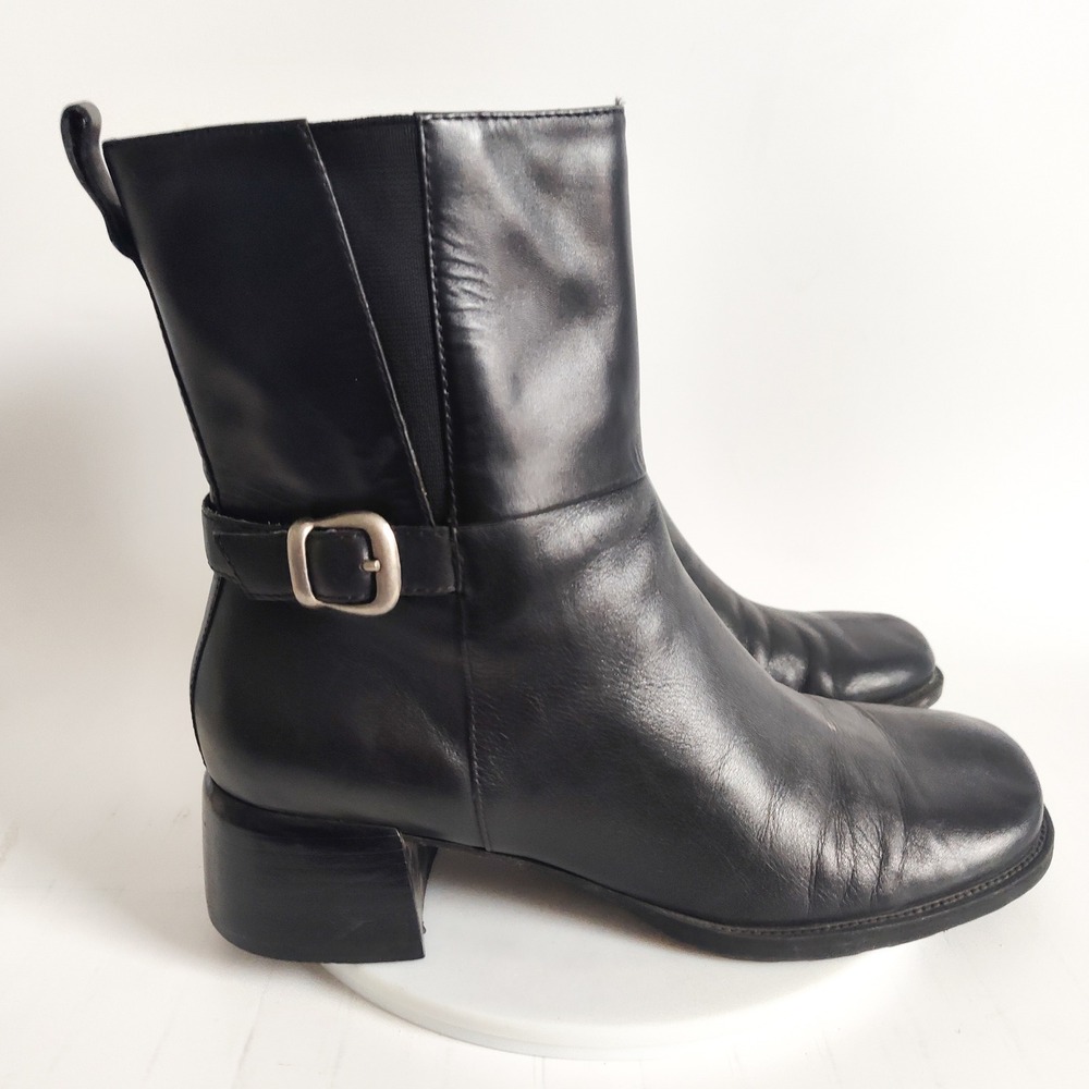 Westies Boots 7.5 90s Y2K‎ Vintage Black Leather Square Toe Block Heel Buckle